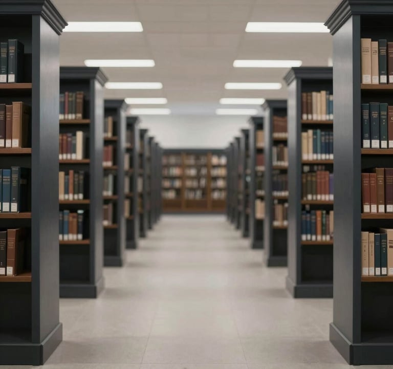 A wide shot of a sterile, modern library or legal archive. Symmetrical rows of dark wood and stone (#0F1D2C). The lighting is soft and focused, creating a sense of history meeting modern performance. High trust aesthetic.