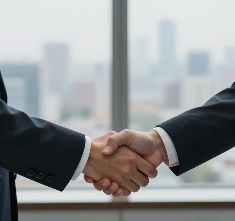 A conceptual photo of a clean, minimalist handshake between two professionals in front of a window overlooking a cityscape. The lighting is crisp, and the composition focuses on the gesture of agreement and trust. Professional, high-integrity style.