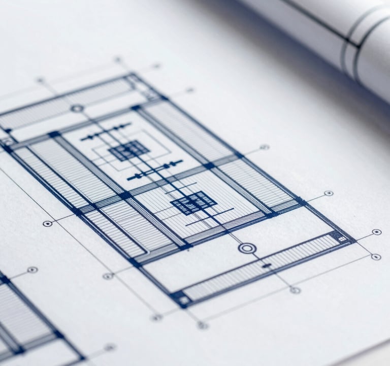 A close-up shot of a architectural blueprint showing complex but orderly systems. The style is analytical and precise, using a color palette of #2B4E6B and #94A7B7 to emphasize institutional planning and organizational renewal.