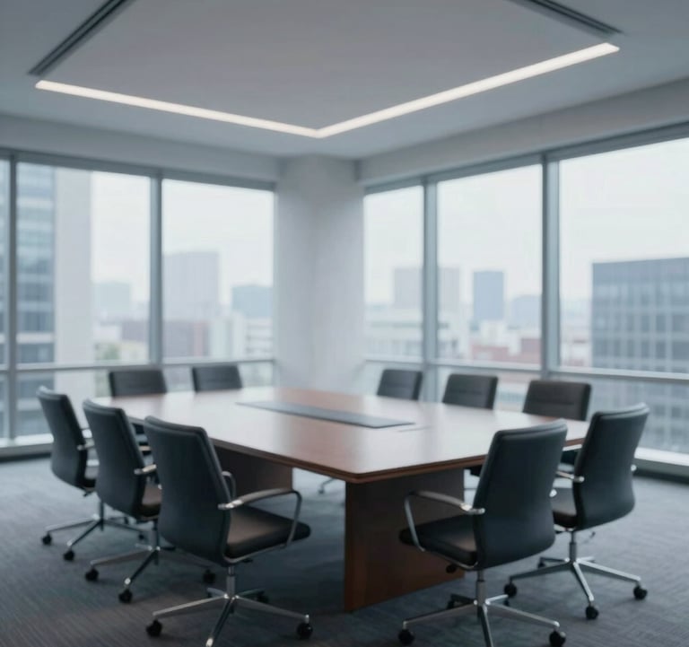 A professional setting showing a high-level meeting room with large windows overlooking a stable urban landscape. The room is empty but ready for leadership, symbolizing institutional readiness and commitment. Colors include #0F1D2C and #F4F7FA.