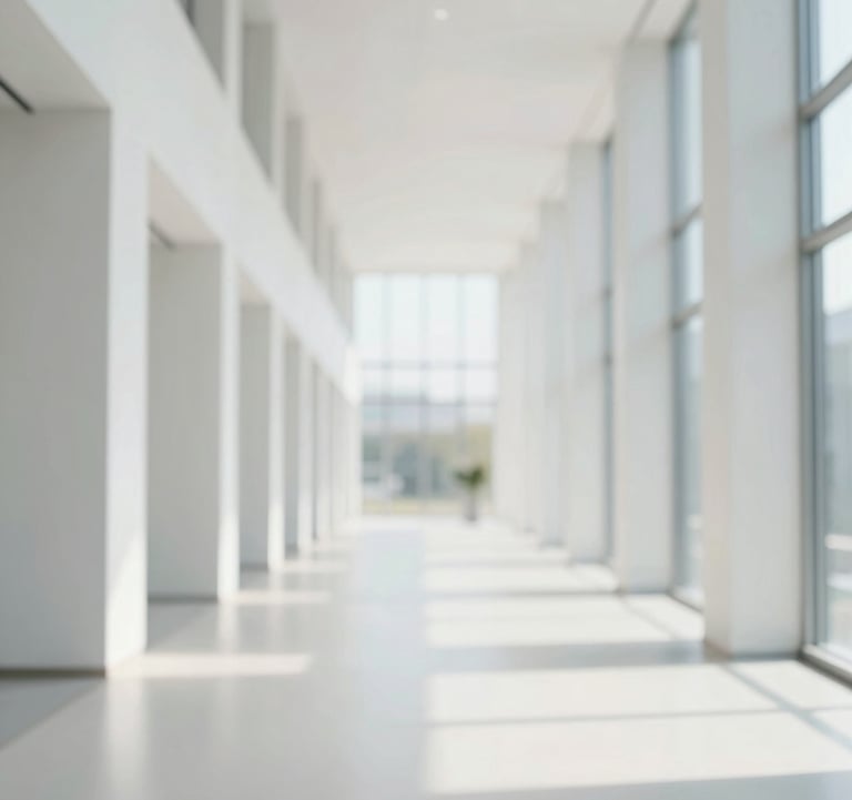 A long, bright architectural hallway with strong perspective lines leading toward a large window. The palette is dominated by light off-white (#F4F7FA) and grey-blue accents, symbolizing transparency, direction, and a forward-thinking path.