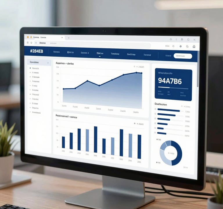 A detailed close-up of an analytical dashboard on a high-resolution screen in a modern office. The graphics are clean and data-driven, using a palette of #2B4E6B and #94A7B7. The setting is a professional environment, emphasizing precision and analytical depth.