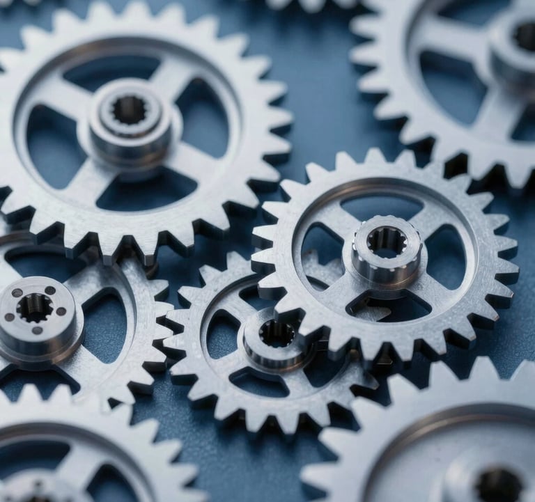A symbolic, high-detail macro shot of precise, interlocking steel gears in deep blue (#0F1D2C) and silver (#94A7B7) tones. The image represents the alignment of systems and operational efficiency in a complex organization.