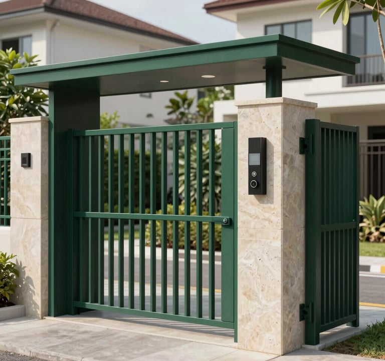 A sleek and modern 24-hour security gatehouse in a premium housing complex. Minimalist design using natural stone and dark green metal, located in a bright Southeast Asian / Indonesian neighborhood.