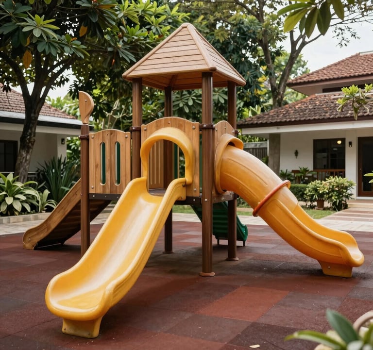 A premium children's playground with wooden structures and safe rubber flooring, surrounded by lush green trees and a warm atmosphere in an Indonesian family residential area.