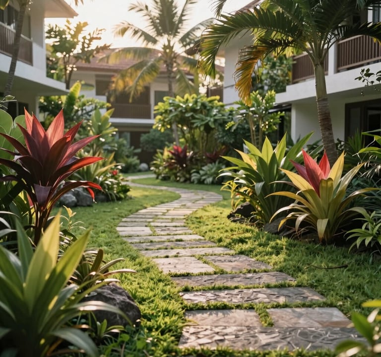 A beautiful tropical garden landscape within a residential area, featuring neatly trimmed grass, exotic plants, and a stone walkway. Soft, warm morning sunlight in a Southeast Asian / Indonesian setting.