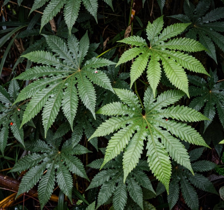 Lush restored ecosystems in a South American / Colombian region, showing vibrant and healthy flora with bright muted emerald leaves. Hopeful and forward-thinking mood.