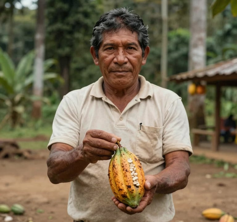A South American / Colombian farmer proudly showing a sustainable cocoa harvest, symbolizing the transition to legal economies in the Catatumbo region. Warm natural lighting with Earthy Sand and Dark Forest Green accents.
