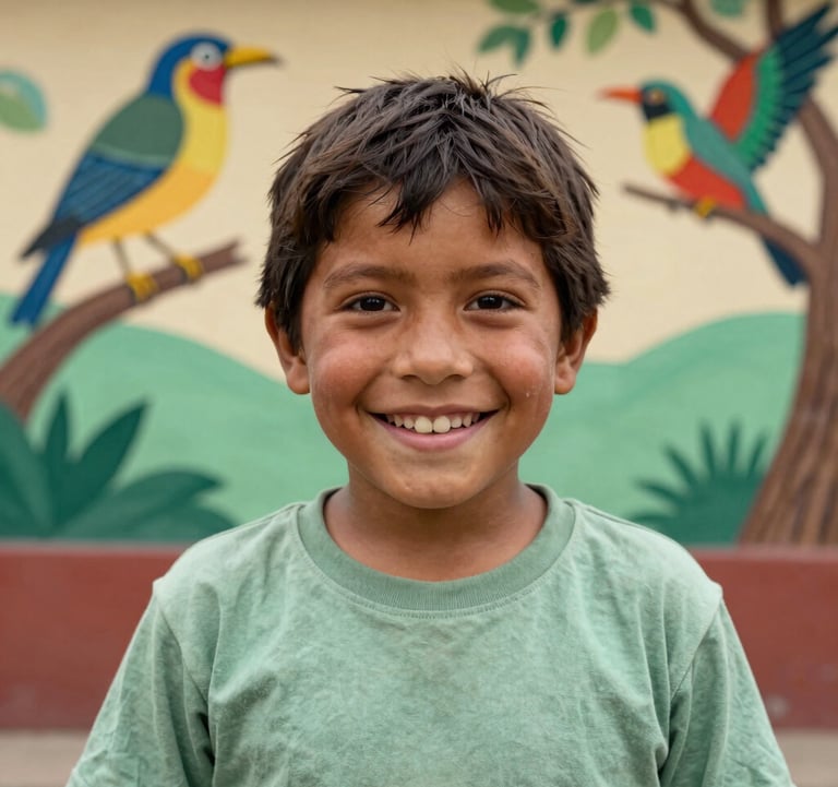 Close-up of a local South American / Colombian child smiling, representing the future generation of the Catatumbo, with a vibrant community mural of birds and trees in the background featuring Earthy Sand and Sage Green.