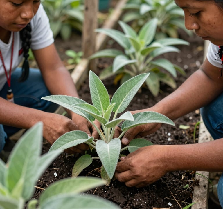 A close-up shot of South American / Colombian community members from the Pueblo Barí working together in a plant nursery, surrounded by vibrant sage green leaves and earth tones.