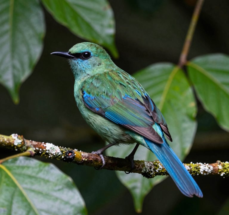 Close-up photography of native biodiversity in the Catatumbo region, South America / Colombia. A vibrant bird with sage green and blue plumage is perched on a branch surrounded by dark forest green tropical leaves.