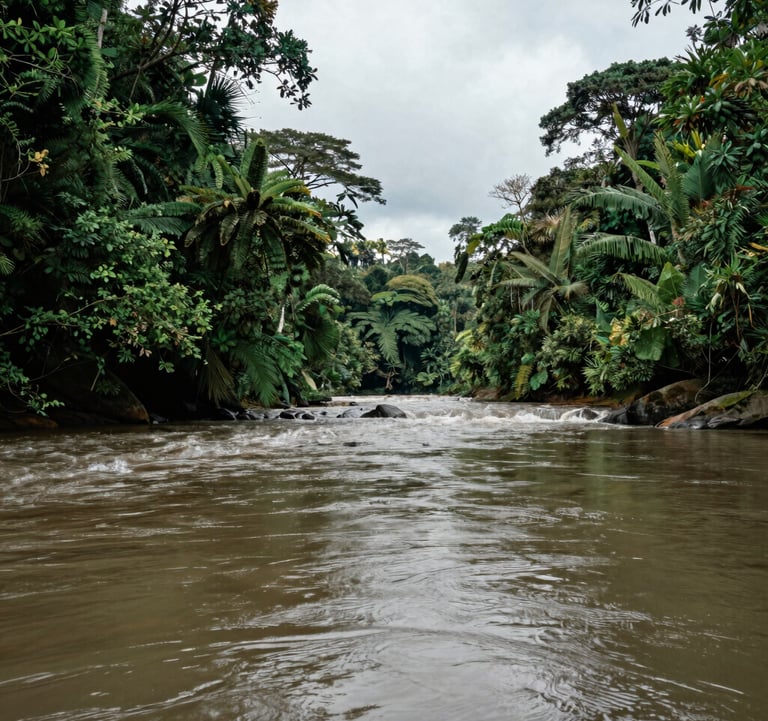 A wide-angle landscape of a flowing river in the South American / Colombian jungle. The water reflects the sage green canopy. The composition is peaceful and vast, showing the scale of the conservation efforts.