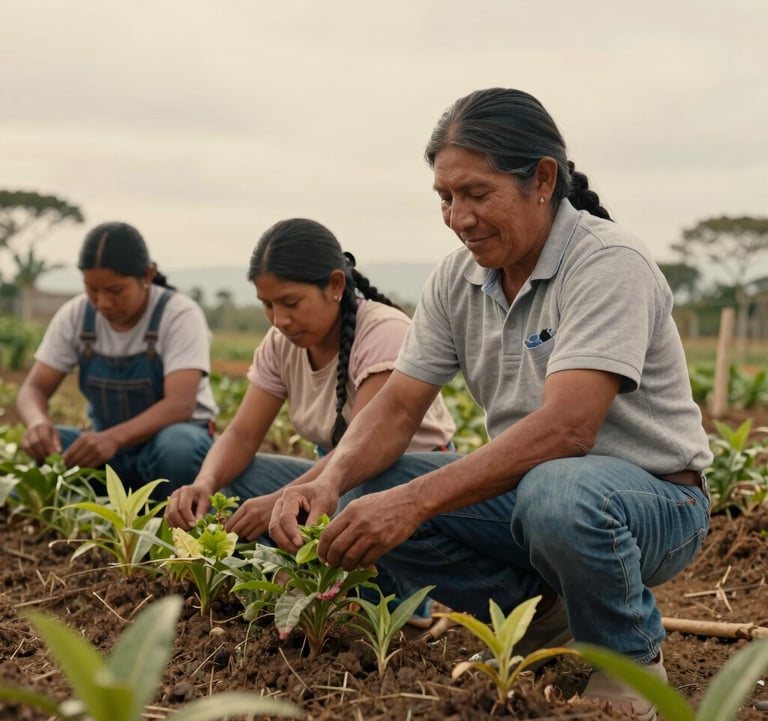 South American / Colombian indigenous farmers and community members working together in a sustainable agroforestry plot. The mood is hopeful, professional, and culturally respectful, highlighted by warm sand lighting.