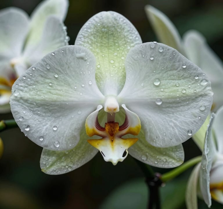 An exquisite macro photograph of a rare orchid native to the Catatumbo region, South American / Colombian environment, with dew drops reflecting the Dark Forest Green and Pale Mist brand colors.