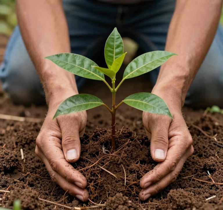 A close-up of hands planting a native tree in South American / Colombian soil, symbolizing the commitment to restoration and climate justice, with focused lighting on the rich Earthy Sand soil.