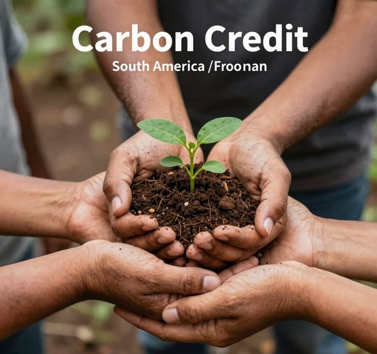A professional setting in South America / Colombia showing hands of different community members holding a handful of rich soil with a small green sprout. The image symbolizes growth and the success of the carbon credit program.