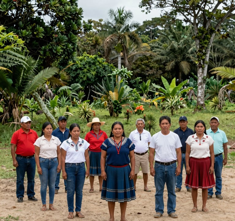 A group of individuals from the Pueblo Barí community participating in a peaceful assembly outdoors, surrounded by lush vegetation in a South American / Colombian setting. The atmosphere is professional and respectful, featuring Earthy Sand and Sage Green tones in the environment.