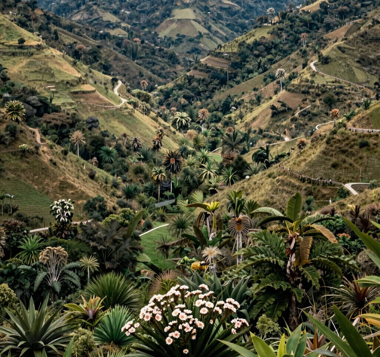 A panoramic view of a lush South American / Colombian valley in Catatumbo, where conservation efforts have preserved a diverse ecosystem of plants and flowers in Sage Green and Earthy Sand tones.