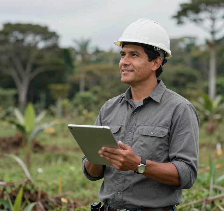 A professional South American / Colombian environmental engineer standing in a reforested area of Catatumbo, holding a digital tablet and looking forward with a hopeful expression.