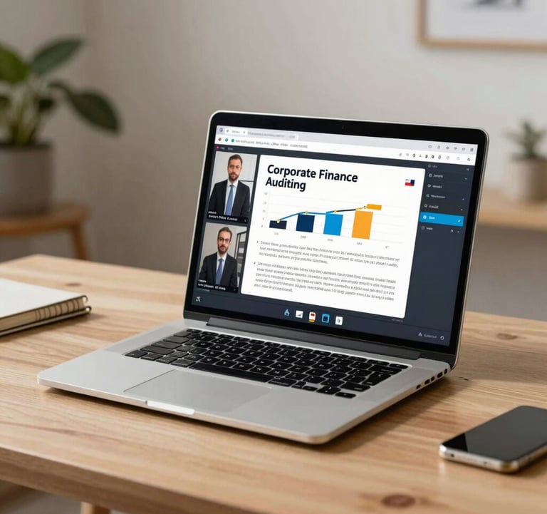 A sleek laptop showing a professional video lecture on corporate finance and auditing on screen. A clean, modern home office setting in France with warm lighting, professional atmosphere, aesthetic design.