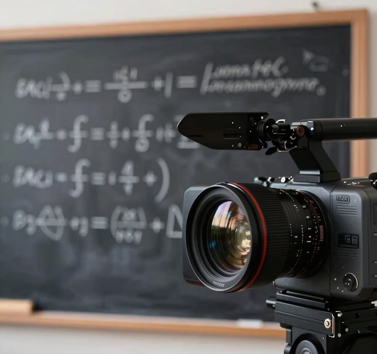 A professional video recording studio setting with a blurry blackboard showing financial formula derivations in the background, a camera lens reflecting professional studio lights, creating a modern digital academy mood.