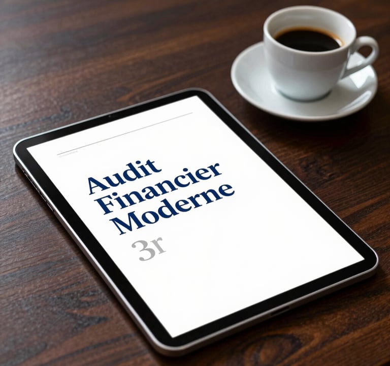 A premium tablet computer laying flat on a dark wooden office desk next to a white porcelain espresso cup, showing the cover of a downloaded PDF document titled 'Audit Financier Moderne' in elegant blue typography.