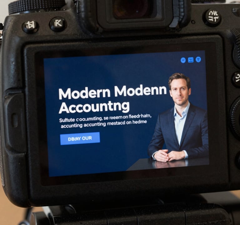 A crisp digital camera screen previewing an elegant video lecture about modern accounting methods, crisp focus, showing a sleek presentation slide with dark blue corporate tones.