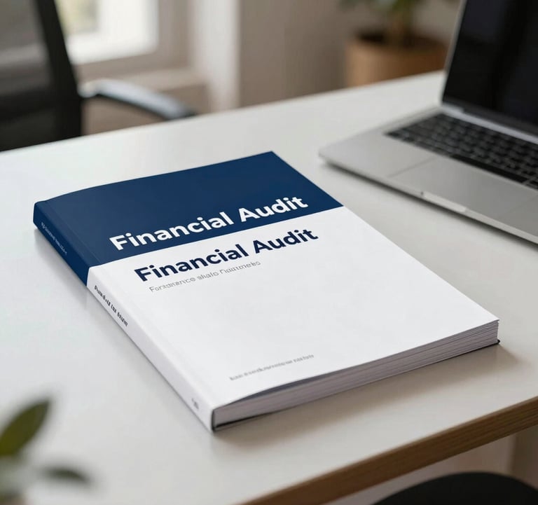 A high-quality educational mockup of a financial audit PDF guide lying on an elegant desk in a Parisian office. Soft daylight, clean corporate aesthetic, modern professional look, with subtle touches of deep blue and white.