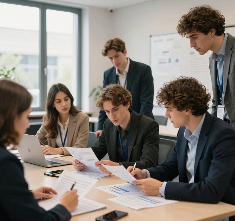 A modern collaborative study room in an elite business school in France. Young professionals analyzing financial reports together, bright natural light, professional academic atmosphere.