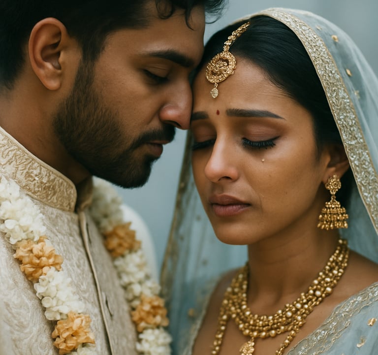 An artistic and emotional close-up photograph of a South Asian couple during a traditional wedding ceremony, captured with cinematic depth of field and soft light blue and off-white color tones.