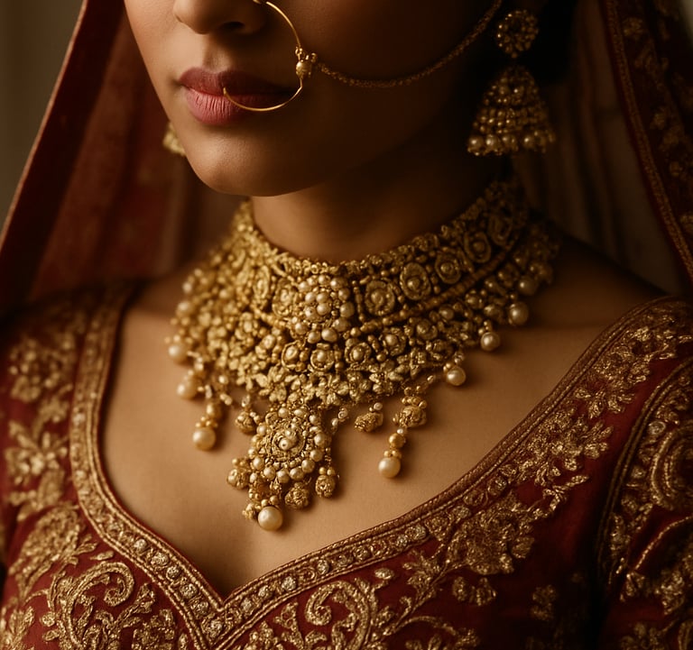 A sophisticated close-up photograph of a South Asian bride's intricate traditional jewelry and attire. The lighting is soft and artistic, highlighting the textures and high-quality craftsmanship in a premium photography style.