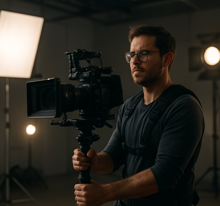 A professional behind-the-scenes photography shot of a cinematographer using a high-end stabilizer to film a commercial reel in a modern Pune studio, with sophisticated studio lighting and a premium artistic mood.