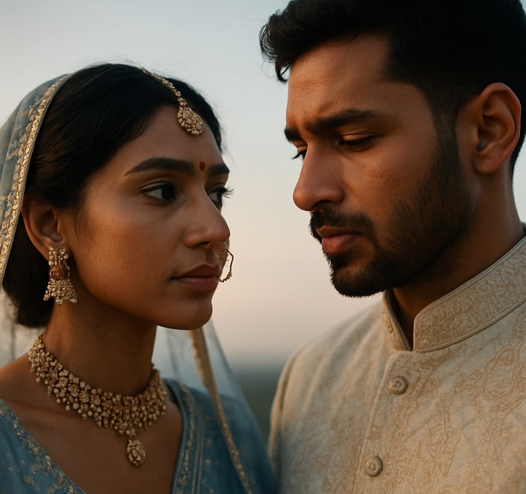 A cinematic close-up of a South Asian / Indian bride and groom during a pre-wedding shoot at sunset. Artistic lighting, emotional expressions, and high-quality photography style with a soft blue and off-white palette.