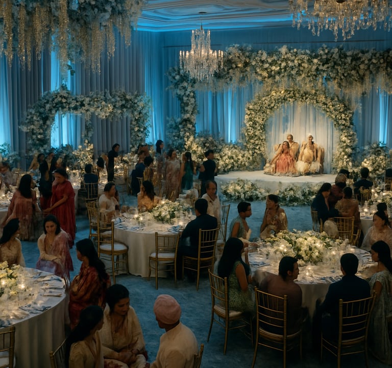 A grand, high-angle photography shot of a luxury South Asian / Indian wedding reception in Pune. Soft blue ambient lighting, elegant floral decor, and a sophisticated atmosphere captured with professional clarity.