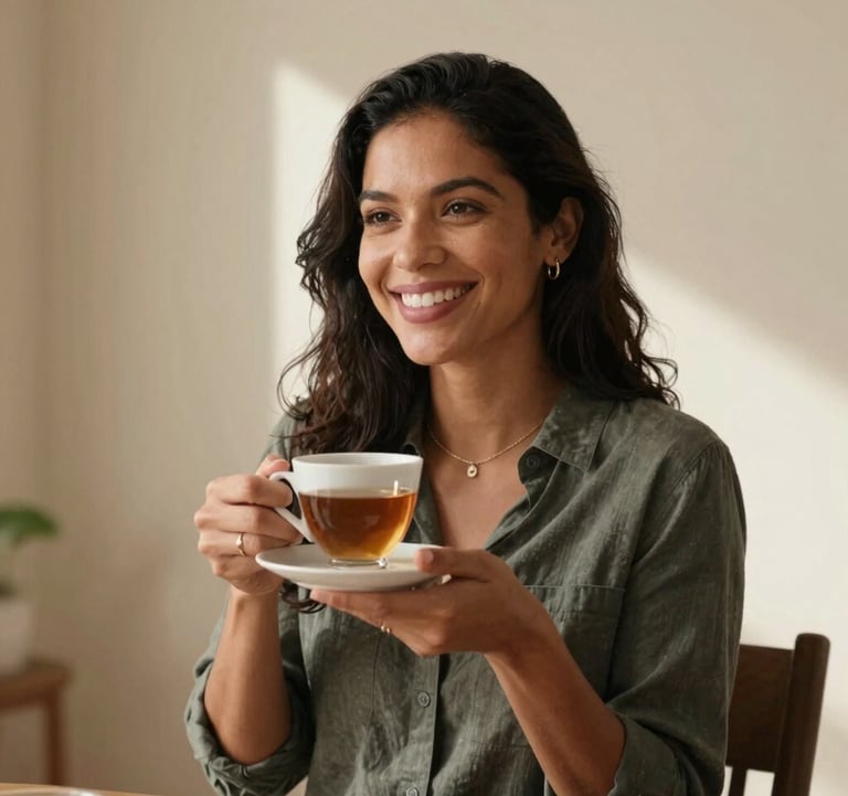 A South American / Brazilian woman smiling warmly while holding a cup of tea in a sunlit room with light beige walls. The scene conveys a sense of invitation and emotional connection. Minimalist decor.