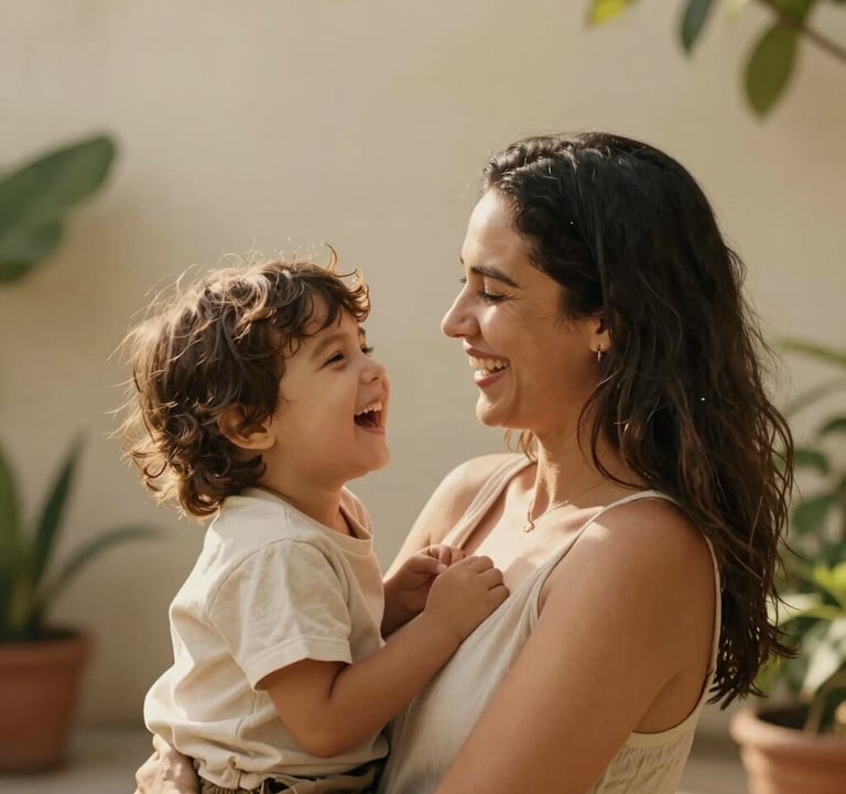 A candid, warm-toned photograph of a mother and child laughing in a South American / Brazilian sun-drenched garden. Soft focus, warm sandy beige highlights, minimalist composition.