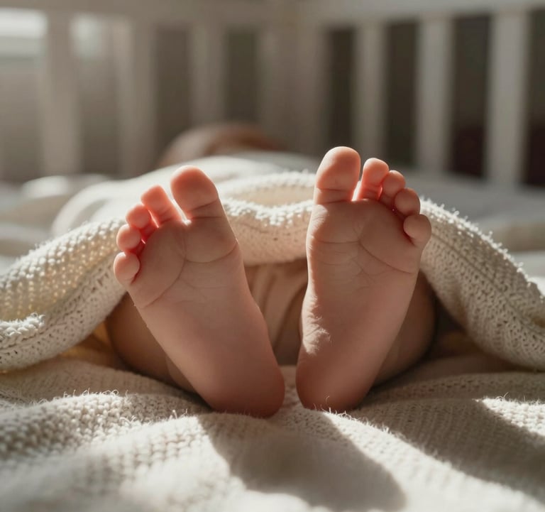 A delicate close-up of a baby's feet resting on a soft off-white knit blanket in a South American / Brazilian nursery. Natural, soft window light, deep earth brown shadows.