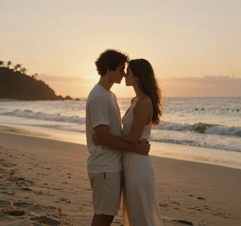An elegant, minimalist portrait of a couple embracing during sunset in a South American / Brazilian coastal park. Warm sandy beige and soft golden mustard hues, high-end photography style.