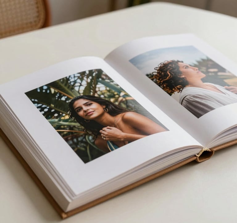 An elegant, minimalist still life of printed photographs and a linen-covered photo album on a soft off-white surface. Natural warm lighting highlighting textures, in a South American / Brazilian home studio atmosphere.