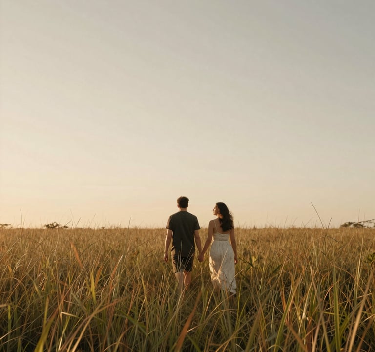 A South American / Brazilian couple walking through a field of tall grass during sunset. The lighting is soft and warm neutral sand, with a sensitive and inviting mood. Minimalist framing.