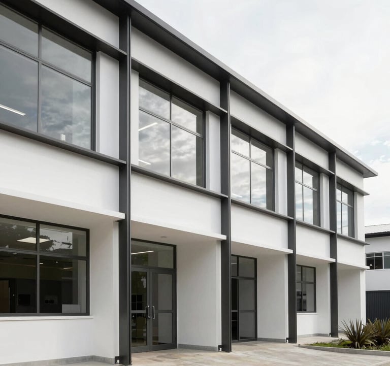 Clean, minimalist architectural photography of a modern medical center exterior in South America, soft daylight, white walls and dark steel frames, high-end professional aesthetic.