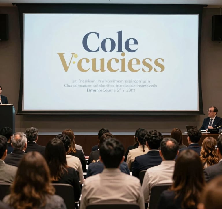 An over-the-shoulder shot looking at a large, engaged audience in a modern Ecuadorian conference hall. On the screen, a presentation with elegant navy blue and gold typography is visible. The composition emphasizes authority, success, and large-scale social impact.