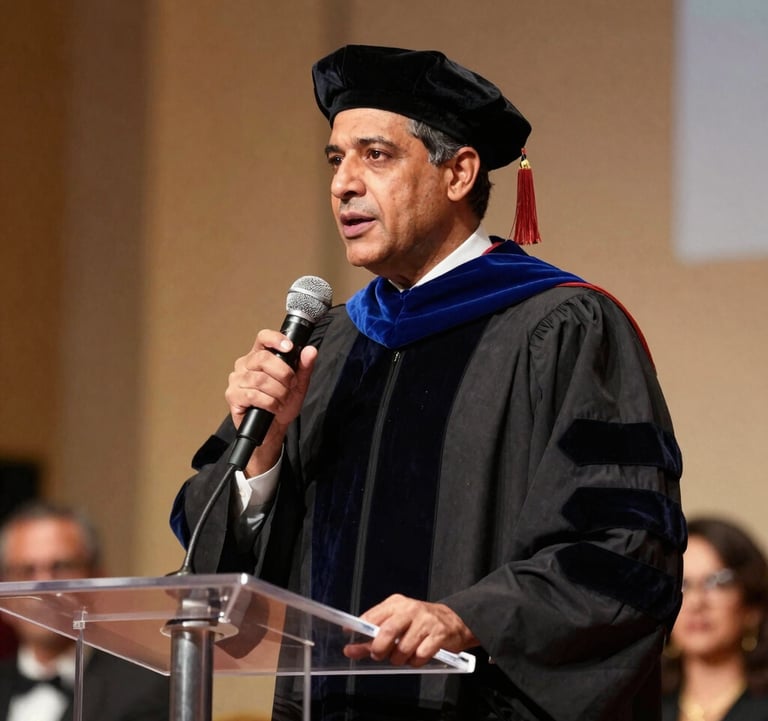 A distinguished man speaking from a stage at a gala event, 'Doctor Honoris Causa' ceremony, warm stage lighting, professional and aspirational South American context.