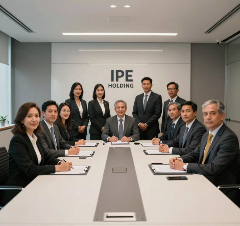A corporate group photo featuring the executive team of IPE Holding in a sleek, off-white and charcoal grey boardroom in Ecuador. The composition is symmetrical and prestigious.