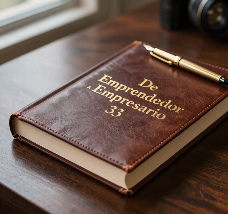 A detailed close-up of a premium leather-bound book titled 'De Emprendedor a Empresario' resting on a dark wooden desk next to a gold fountain pen. Soft lighting from a window highlights the texture, creating a sophisticated South American executive office atmosphere.