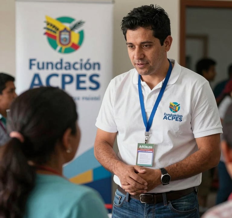 Adrián Andrade during a humanitarian visit with Fundación ACPES in Ecuador, interacting with people in a professional and empathetic manner. The style is high-end documentary photography.