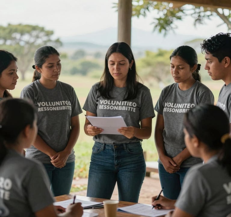 A group of professional South American volunteers in a community project, collaborative atmosphere, soft morning light, displaying the human side of social responsibility.