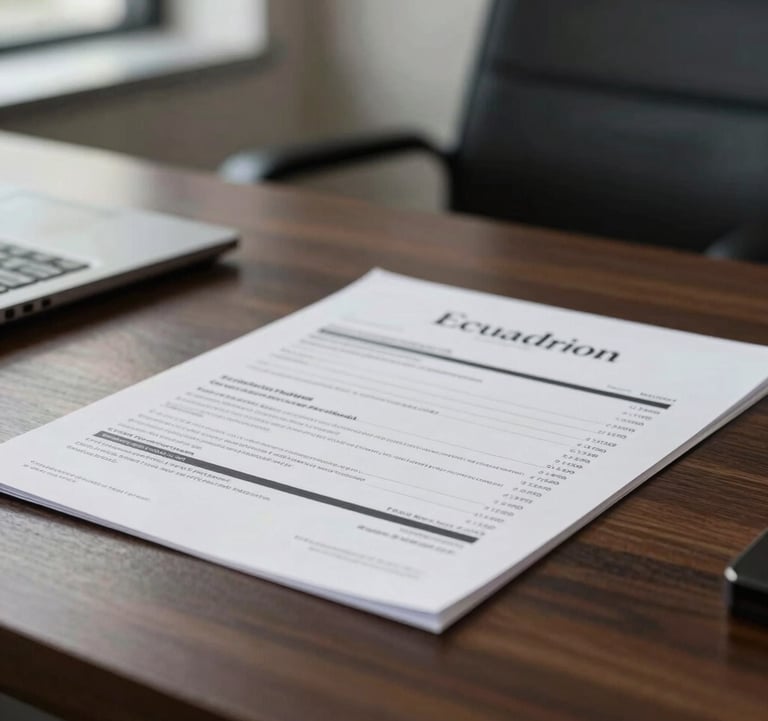 Close-up of a high-end investment portfolio on a dark wood desk, minimalist composition, soft focus on the background showing a high-end Ecuadorian office setting.