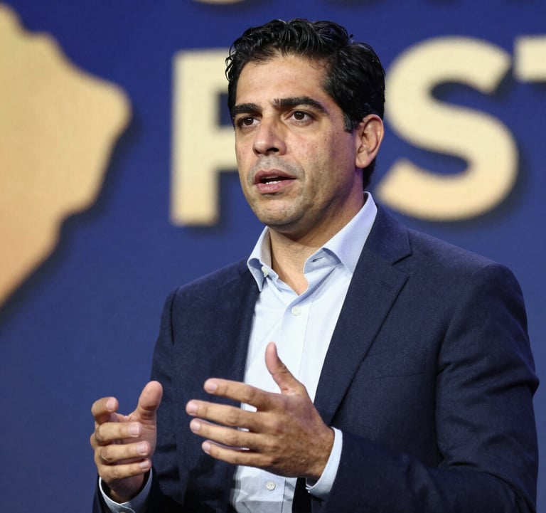 A candid shot of Adrián Andrade Castro speaking at a business conference in South America, looking authoritative yet approachable. The background shows blurred blue and gold stage lighting.