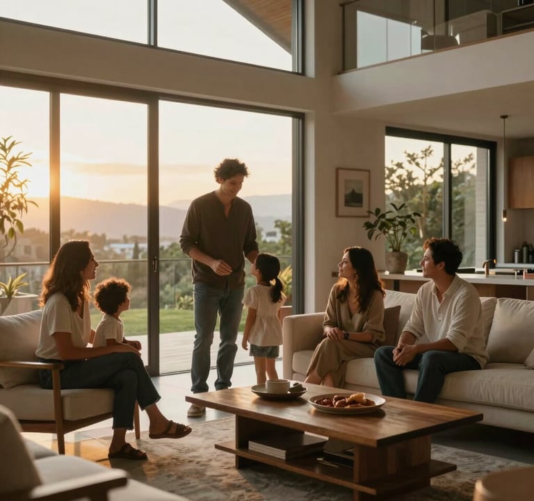 A serene and high-end lifestyle shot of a professional family in a modern Ecuadorian home, golden hour light through large windows, emphasizing a human and grounded balance.